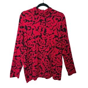 Chicos Floral Damask Mock Neck Long Sleeve Top Size XL Red Black Dark Romantic